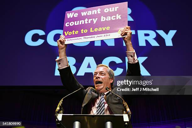 Leader Nigel Farage MEP, speaks at the final 'We Want Our Country Back' public meeting of the EU Referendum campaign on June 20, 2016 in Gateshead,...