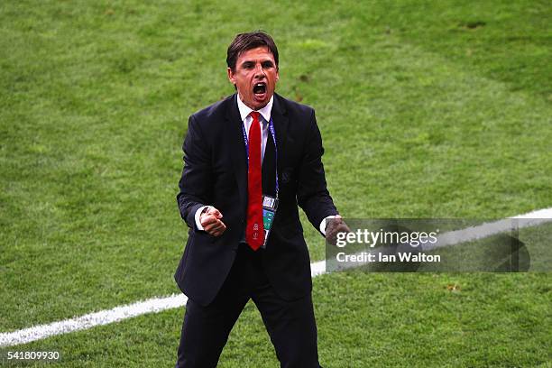 Chris Coleman manager of Wales celebrates his team's first goal during the UEFA EURO 2016 Group B match between Russia and Wales at Stadium Municipal...