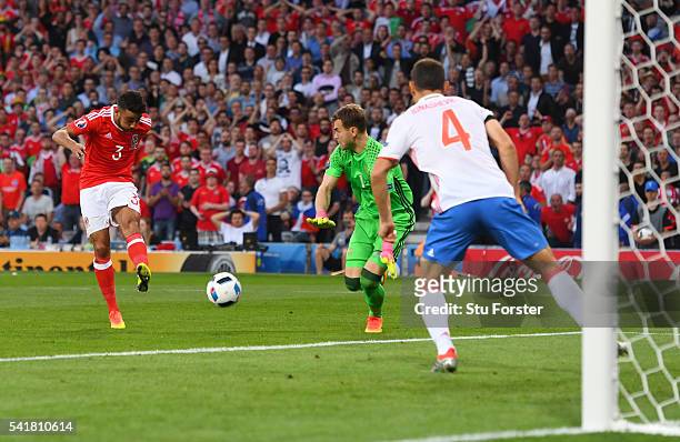 Neil Taylor of Wales scores his team's second goal past Igor Akinfeev of Russia during the UEFA EURO 2016 Group B match between Russia and Wales at...