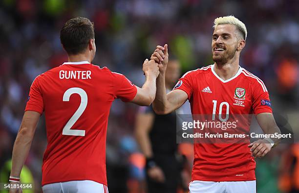 Wales's Aaron Ramsey celebrates scoring his sides first goal with team-mate Chris Gunter during the UEFA Euro 2016 Group B match between Russia v...