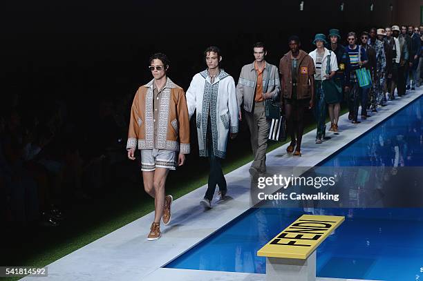 Models walk the runway at the Fendi Spring Summer 2017 fashion show during Milan Menswear Fashion Week on June 20, 2016 in Milan, Italy.