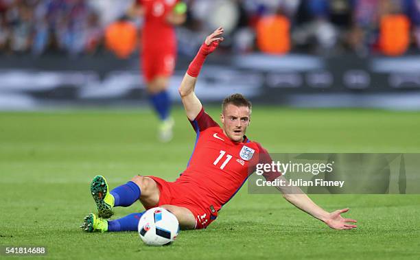 Jamie Vardy of England reacts after fouled by Viktor Pecovsky of Slovakia resulting in an yellow card during the UEFA EURO 2016 Group B match between...