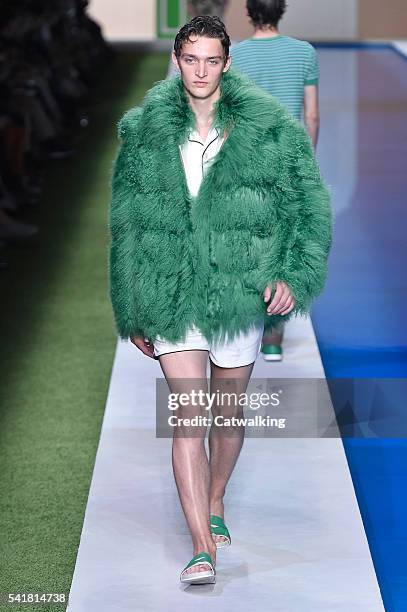 Model walks the runway at the Fendi Spring Summer 2017 fashion show during Milan Menswear Fashion Week on June 20, 2016 in Milan, Italy.