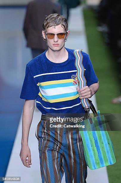 Model walks the runway at the Fendi Spring Summer 2017 fashion show during Milan Menswear Fashion Week on June 20, 2016 in Milan, Italy.