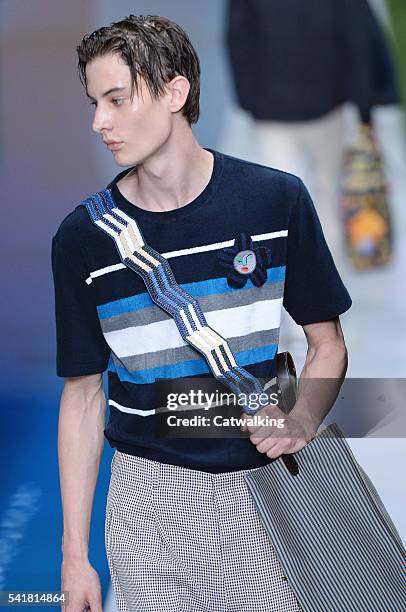 Model walks the runway at the Fendi Spring Summer 2017 fashion show during Milan Menswear Fashion Week on June 20, 2016 in Milan, Italy.