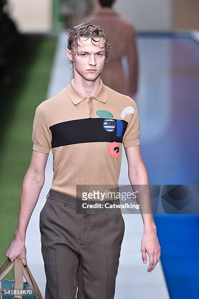 Model walks the runway at the Fendi Spring Summer 2017 fashion show during Milan Menswear Fashion Week on June 20, 2016 in Milan, Italy.