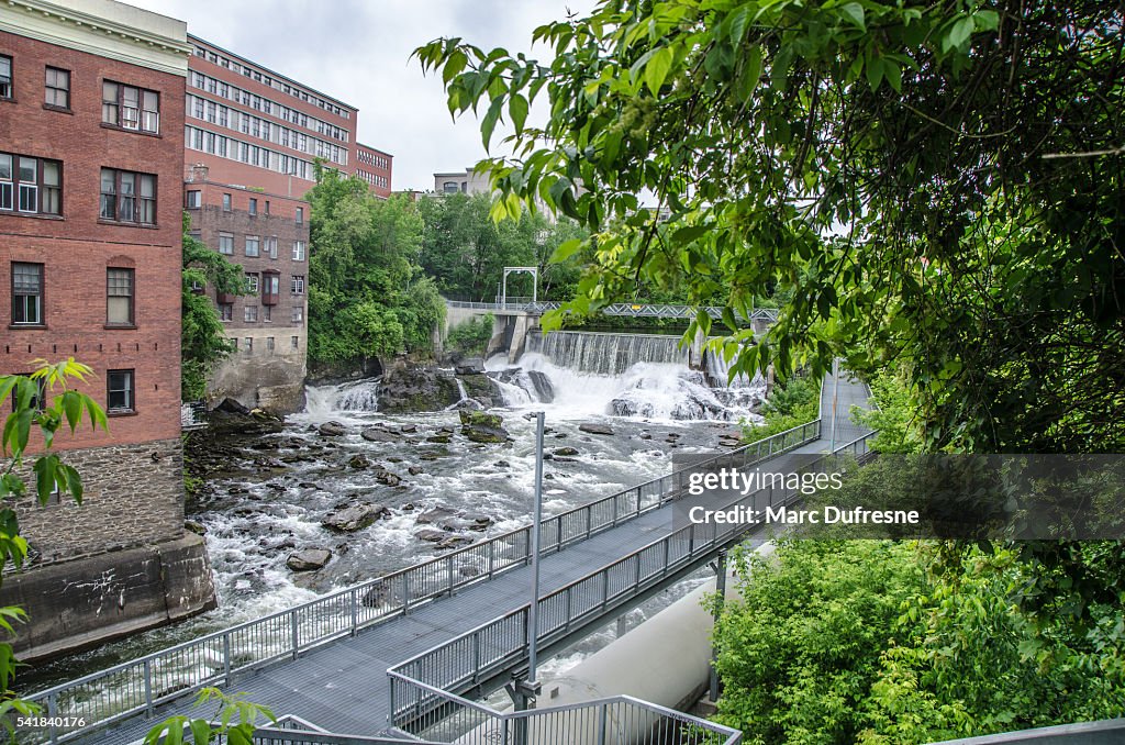 Magog river seen from above close to Sherbrooke dam downtown
