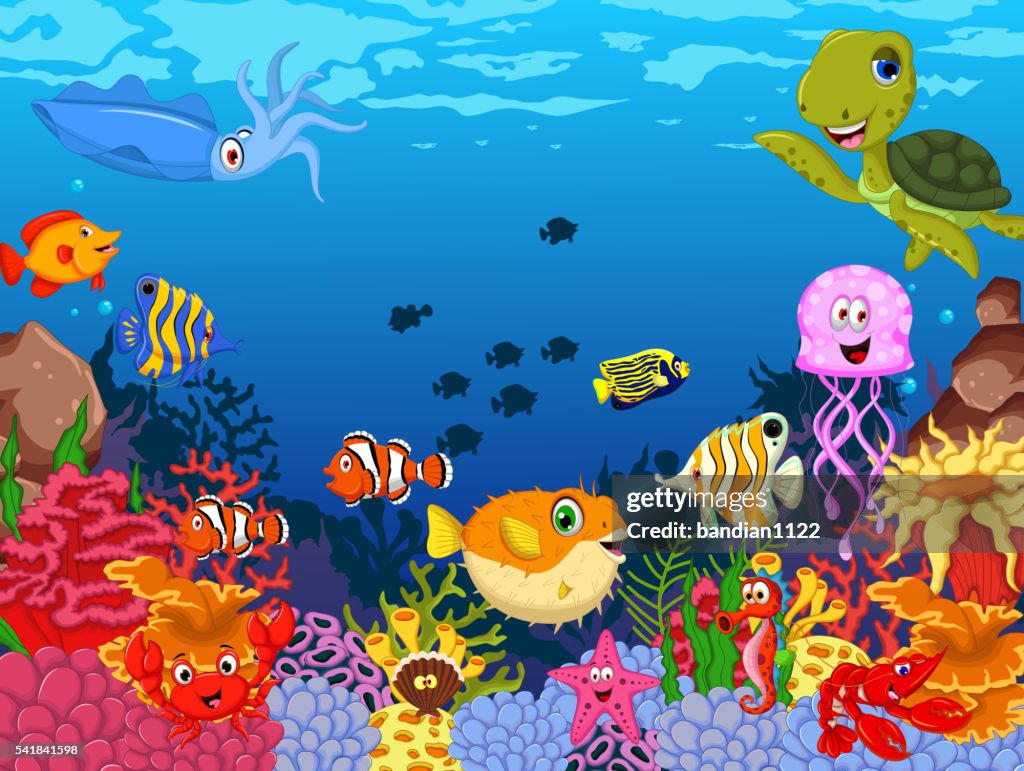 Funny Sea Animals Cartoon With Sea Life Background High-Res Vector Graphic  - Getty Images