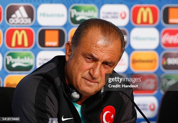 Head Coach Fatih Terim of Turkey talks to the media during the Turkey Press Conference at the Stade Bollaert-Delelis on June 20, 2016 in Lens, France.