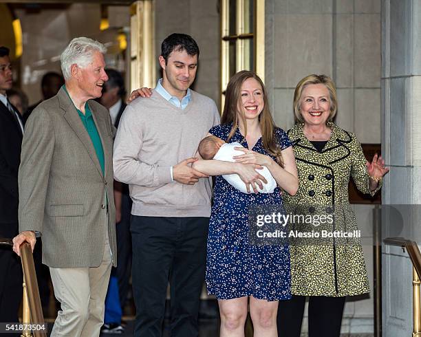 Chelsea Clinton with parents Bill Clinton, Hillary Clinton, husband Marc Mezvinsky and newborn baby Aidan Clinton Mezvinsky are seen leaving the...