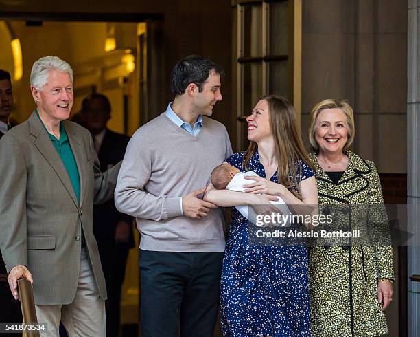 Chelsea Clinton with parents Bill Clinton, Hillary Clinton, husband Marc Mezvinsky and newborn baby Aidan Clinton Mezvinsky are seen leaving the...