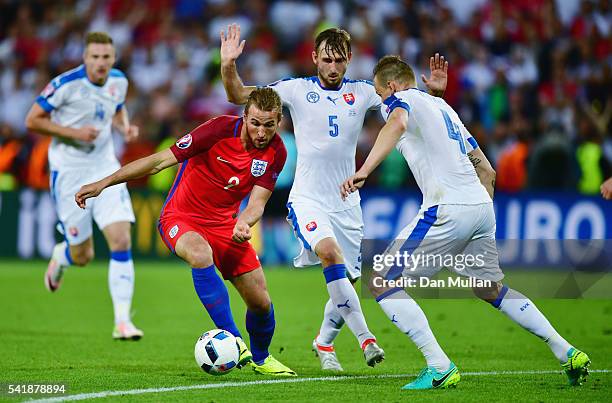 Harry Kane of England and Jan Durica of Slovakia compete for the ball during the UEFA EURO 2016 Group B match between Slovakia and England at Stade...