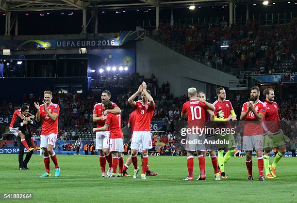 Players of Wales celebrate after the UEFA EURO 2016 Group B match between Russia and Wales at Stadium Municipal in Toulouse, France on June 20, 2016.