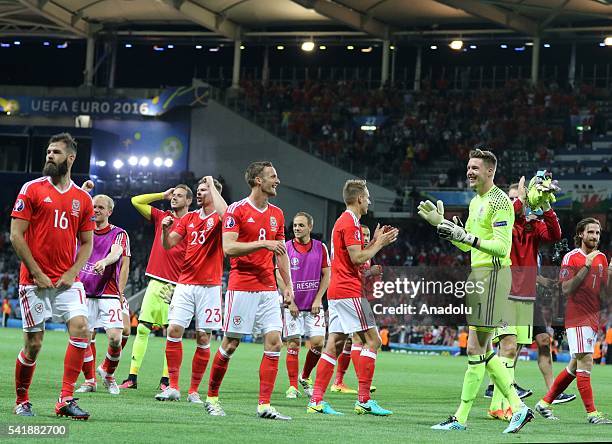 Players of Wales celebrate after the UEFA EURO 2016 Group B match between Russia and Wales at Stadium Municipal in Toulouse, France on June 20, 2016.