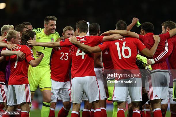 Players of Wales celebrate after the UEFA EURO 2016 Group B match between Russia and Wales at Stadium Municipal in Toulouse, France on June 20, 2016.