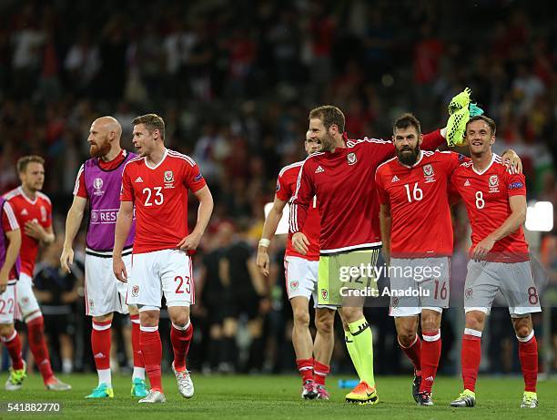 Players of Wales celebrate after the UEFA EURO 2016 Group B match between Russia and Wales at Stadium Municipal in Toulouse, France on June 20, 2016.