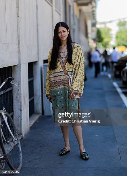 Gilda Ambrosio wearing a boho dress outside Etro during the Milan Men's Fashion Week Spring/Summer 2017 on June 20, 2016 in Milan, Italy.