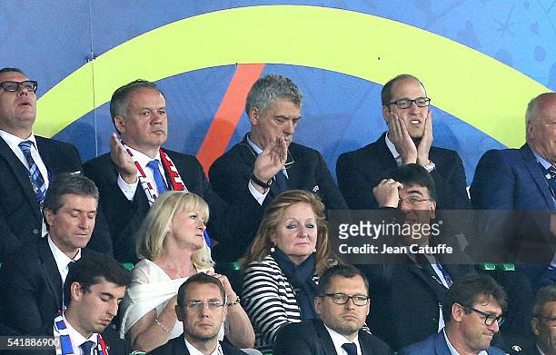 President of Slovakia Andrej Kiska and Prince William, Duke of Cambridge react during the UEFA EURO 2016 Group B match between Slovakia and England...