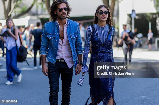 Giotto Calendoli and Patricia Manfield outside Armani during the Milan Men's Fashion Week Spring/Summer 2017 on June 20, 2016 in Milan, Italy.