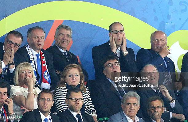 President of Slovakia Andrej Kiska ,Prince William, Duke of Cambridge and the FA chairman Greg Dyke react during the UEFA EURO 2016 Group B match...