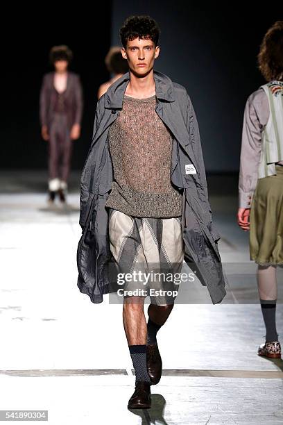 Model walks the runway at the Vivienne Westwood show during Milan Men's Fashion Week SS17 on June 19, 2016 in Milan, Italy.