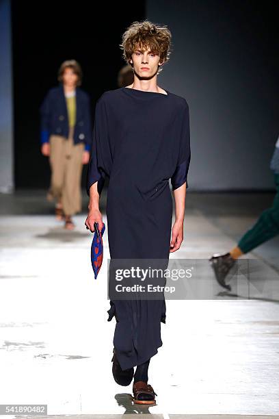 Model walks the runway at the Vivienne Westwood show during Milan Men's Fashion Week SS17 on June 19, 2016 in Milan, Italy.