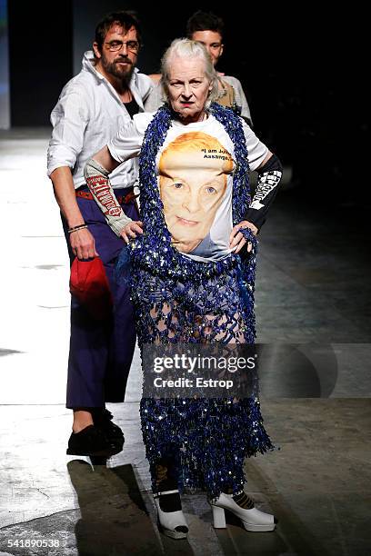 Designer Vivienne Westwood walks the runway at the Vivienne Westwood show during Milan Men's Fashion Week SS17 on June 19, 2016 in Milan, Italy.