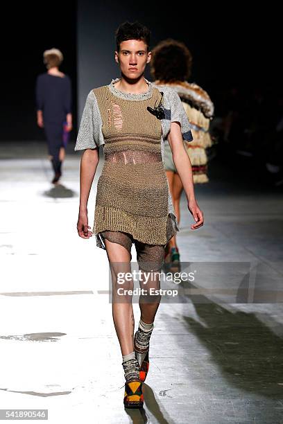 Model walks the runway at the Vivienne Westwood show during Milan Men's Fashion Week SS17 on June 19, 2016 in Milan, Italy.