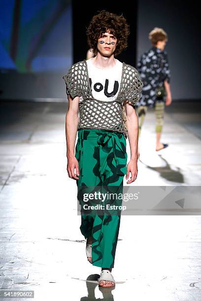 Model walks the runway at the Vivienne Westwood show during Milan Men's Fashion Week SS17 on June 19, 2016 in Milan, Italy.