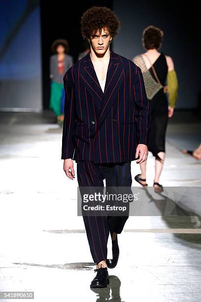 Model walks the runway at the Vivienne Westwood show during Milan Men's Fashion Week SS17 on June 19, 2016 in Milan, Italy.