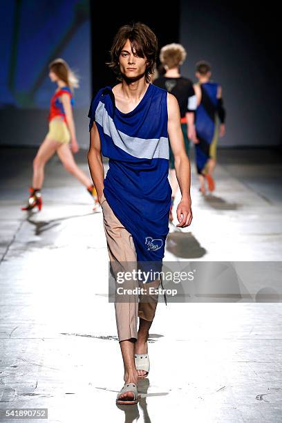 Model walks the runway at the Vivienne Westwood show during Milan Men's Fashion Week SS17 on June 19, 2016 in Milan, Italy.