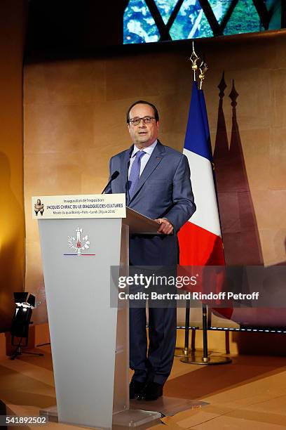 Francois Hollande attends the 'Jacques Chirac ou le Dialogue des Cultures' Exhibition during the 10th Anniversary of Quai Branly Museum at Musee du...