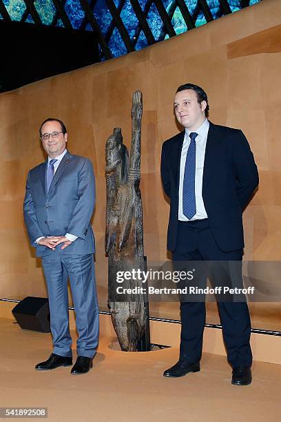 Martin Rey-Chirac and Francois Hollande attend the 'Jacques Chirac ou le Dialogue des Cultures' Exhibition during the 10th Anniversary of Quai Branly...