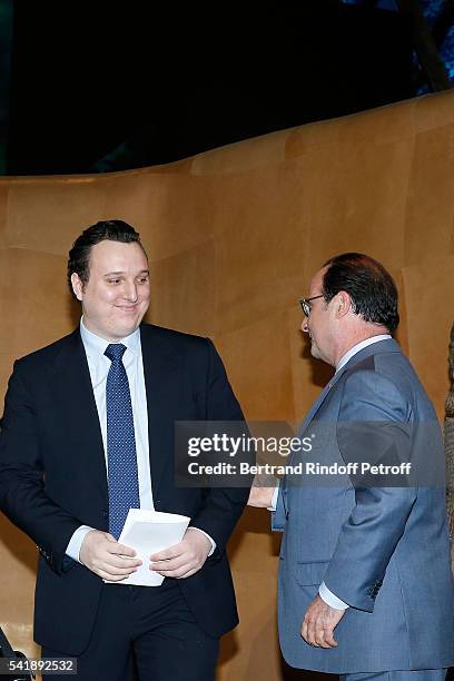 Martin Rey-Chirac and Francois Hollande attend the 'Jacques Chirac ou le Dialogue des Cultures' Exhibition during the 10th Anniversary of Quai Branly...