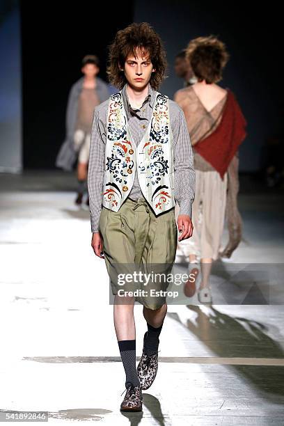 Model walks the runway at the Vivienne Westwood show during Milan Men's Fashion Week SS17 on June 19, 2016 in Milan, Italy.
