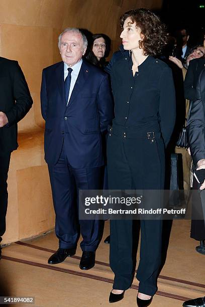 Francois Pinault and Audrey Azoulay attend the 'Jacques Chirac ou le Dialogue des Cultures' Exhibition during the 10th Anniversary of Quai Branly...