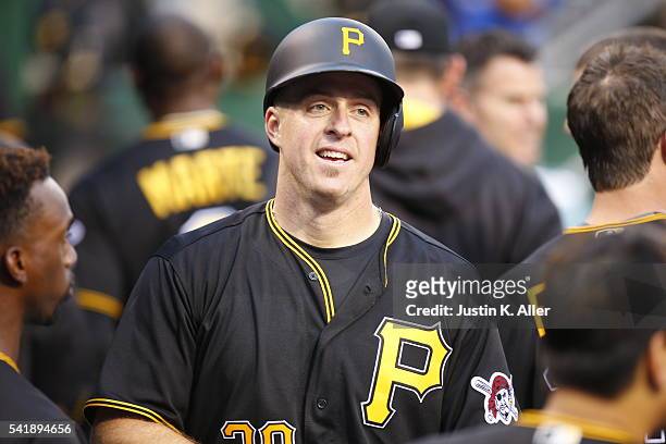 Erik Kratz of the Pittsburgh Pirates celebrates after hitting a home run in the fifth inning during the game against the San Francisco Giants at PNC...