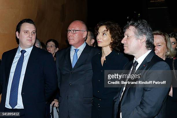 Martin Rey-Chirac, Francois Pinault, Audrey Azoulay and Thierry Rey attend the 'Jacques Chirac ou le Dialogue des Cultures' Exhibition during the...