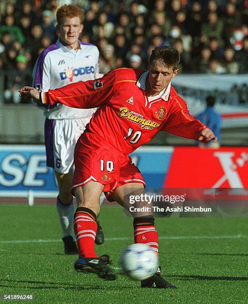 Dragan Stojkovic of Nagoya Grampus scores his team's second goal during the 79th Emperor's Cup final match between Nagoya Grampus Eight and Sanfrecce...