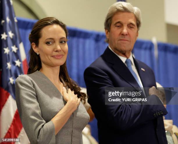 Secretary of State John Kerry and actress Angelina Jolie, United Nations High Commissioner for Refugees special envoy, attend an interfaith Iftar...