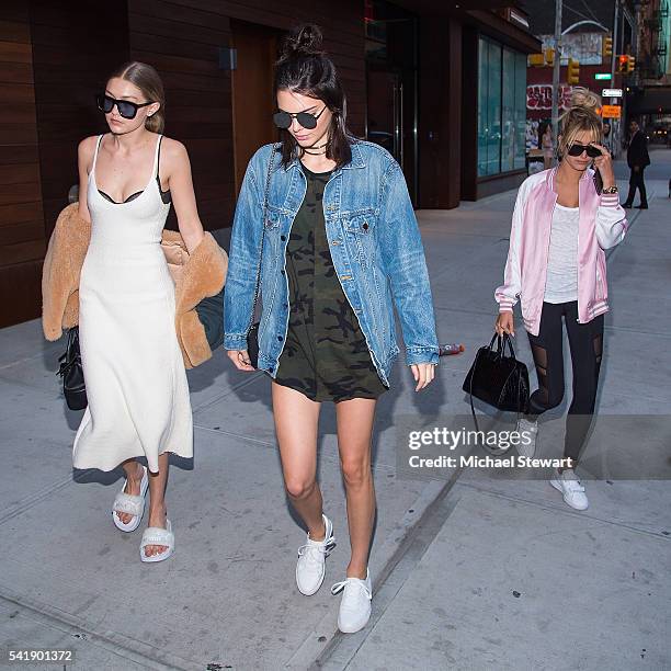 Model Gigi Hadid, Kendall Jenner and Hailey Baldwin are seen in the East Village on June 20, 2016 in New York City.