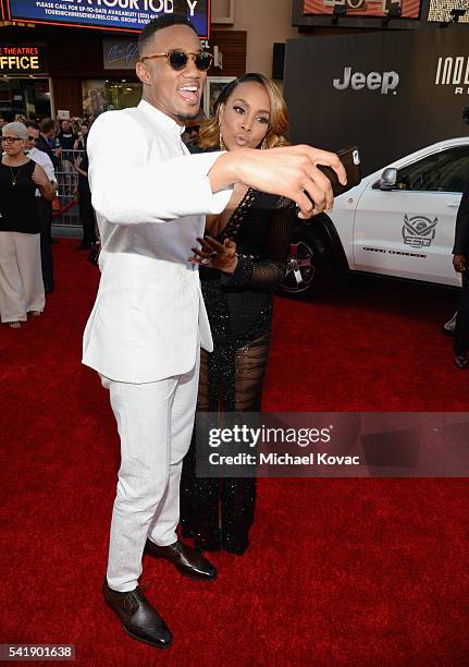 Actors Jessie Usher and Vivica A. Fox attend the 'Independence Day: Resurgence' premiere sponsored by Jeep at TCL Chinese Theatre on June 20, 2016 in...