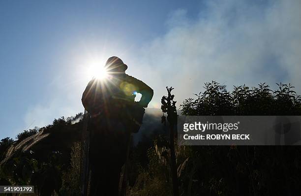 Forest Service firefighter keeps an eye on burning hills June 20, 2016 in Duarte, as twin fires which have already scorched more than 3,500 acres and...