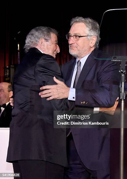 Tony Bennett and Robert De Niro speak as the Friars Club Honors Tony Bennett With The Entertainment Icon Award - Inside at New York Sheraton Hotel &...