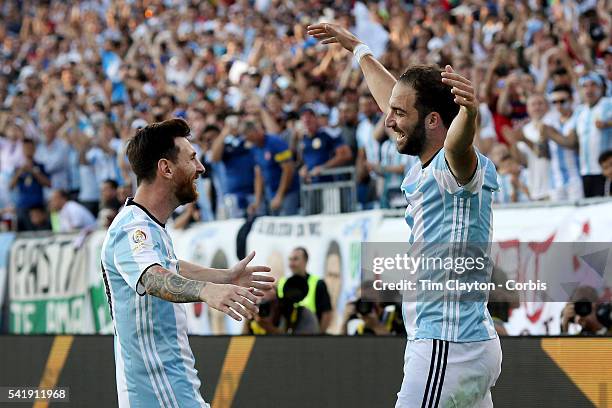 Gonzalo Higuain of Argentina celebrates his second goal with Lionel Messi of Argentina during the Argentina Vs Venezuela Quarterfinal match of the...
