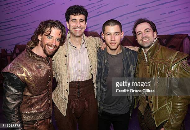 Christian Borle, John Ciriani, Nick Jonas and Rob McClure pose backstage at the hit musical "Something Rotten!" on Broadway at The St.James Theatre...