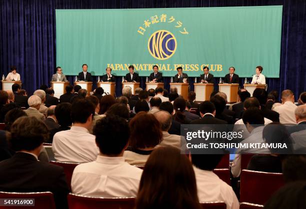 Nine party leaders, New Renaissance Party leader Hiroyuki Arai, People's Life Party leader Ichiro Ozawa, Osaka Ishin-no-kai leader Toranosuke...