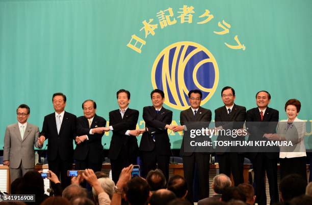 Nine party leaders, New Renaissance Party leader Hiroyuki Arai, People's Life Party leader Ichiro Ozawa, Osaka Ishin-no-kai leader Toranosuke...