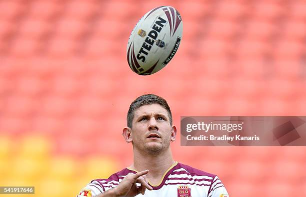 Jacob Lillyman keeps his eye on the ball during a Queensland Maroons State of Origin training session at Suncorp Stadium on June 21, 2016 in...