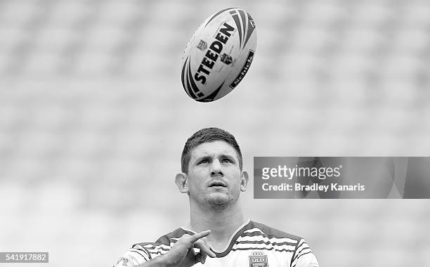 Jacob Lillyman keeps his eye on the ball during a Queensland Maroons State of Origin training session at Suncorp Stadium on June 21, 2016 in...